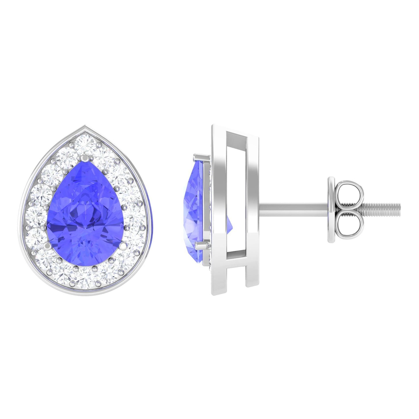 Real 1.6 Carat Pear Shape Tanzanite Stud Earrings with Diamond Halo