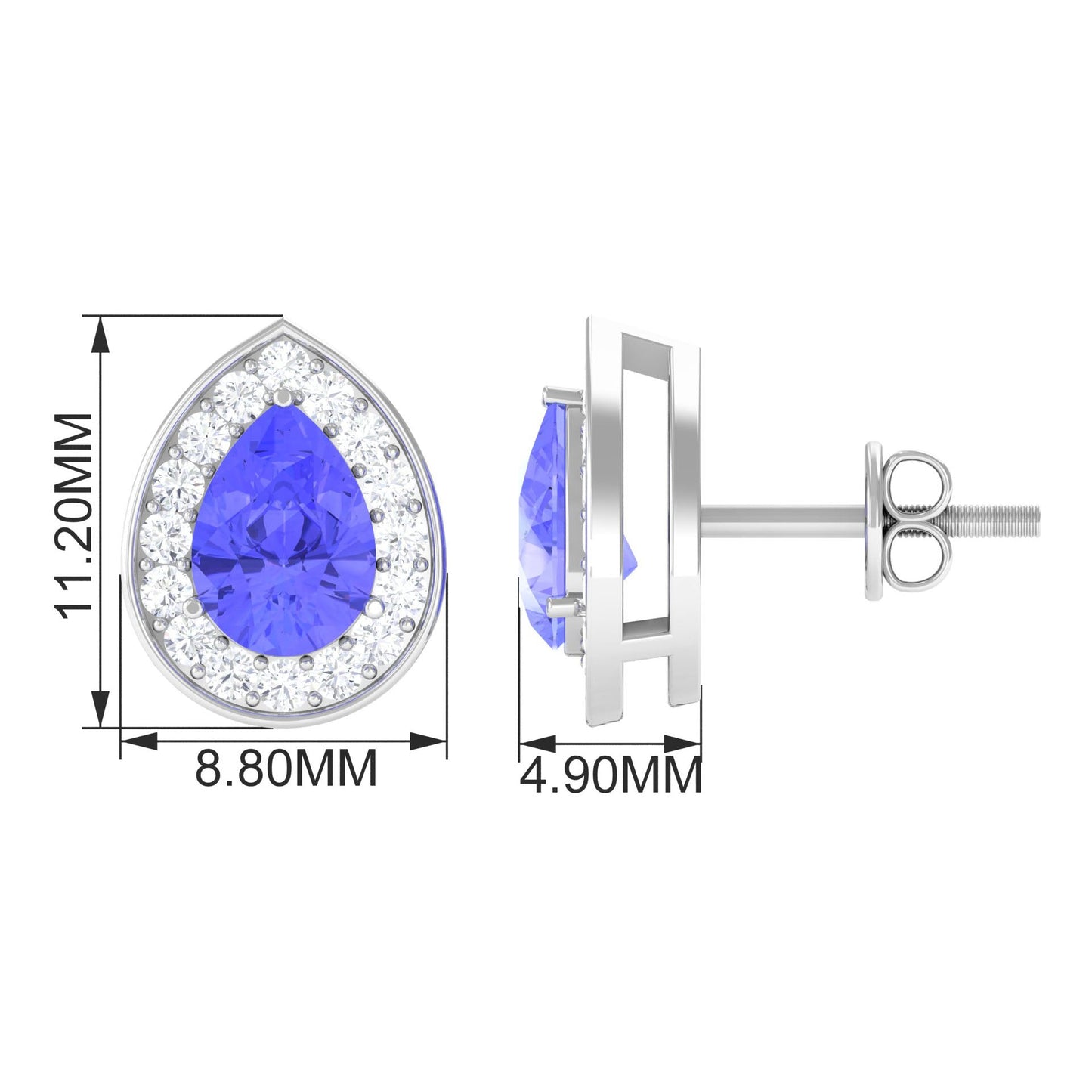 Real 1.6 Carat Pear Shape Tanzanite Stud Earrings with Diamond Halo