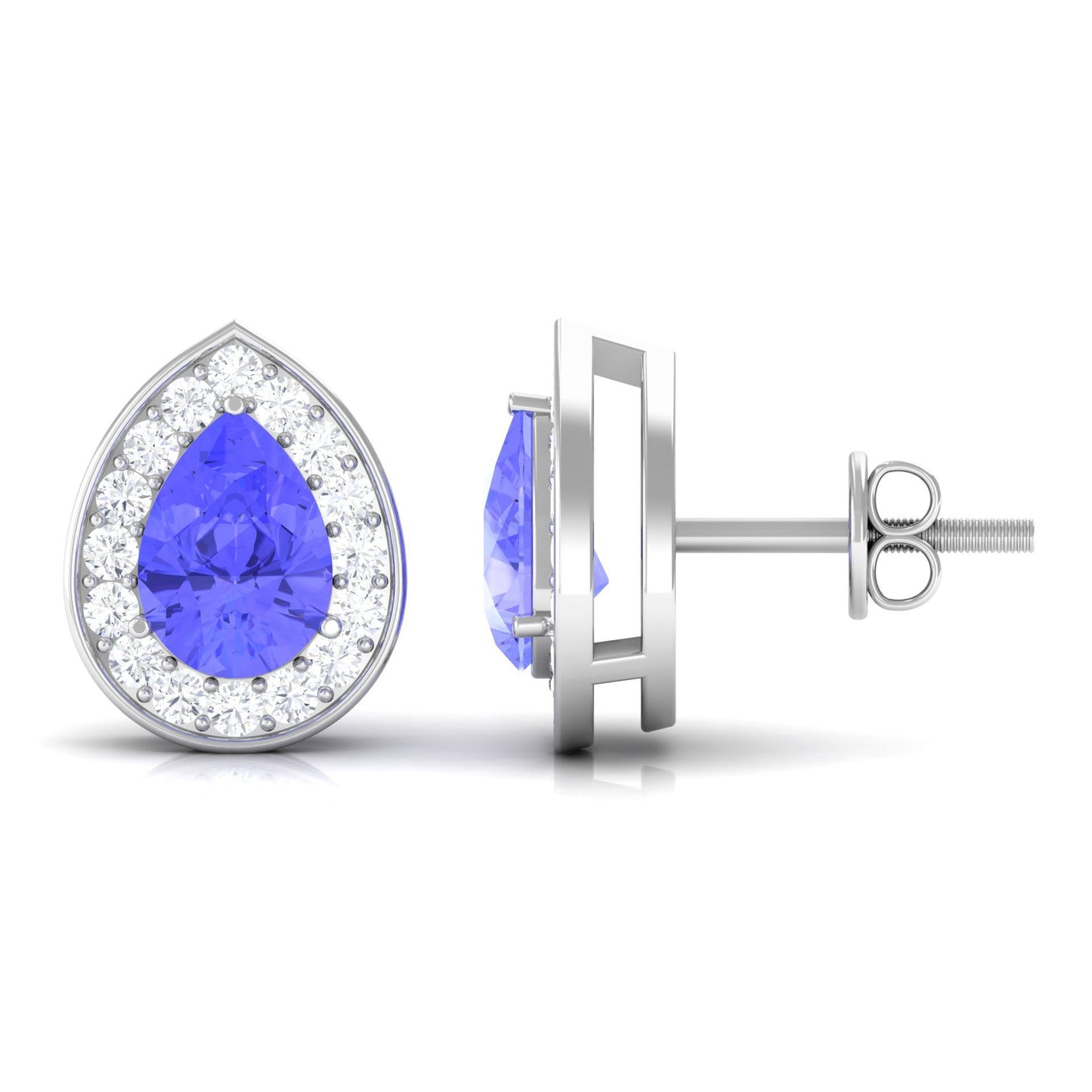 Real 1.6 Carat Pear Shape Tanzanite Stud Earrings with Diamond Halo