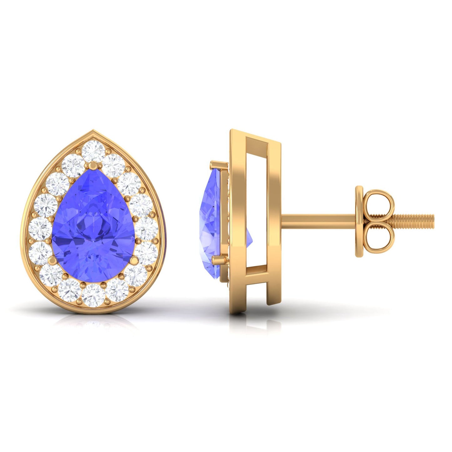 Real 1.6 Carat Pear Shape Tanzanite Stud Earrings with Diamond Halo