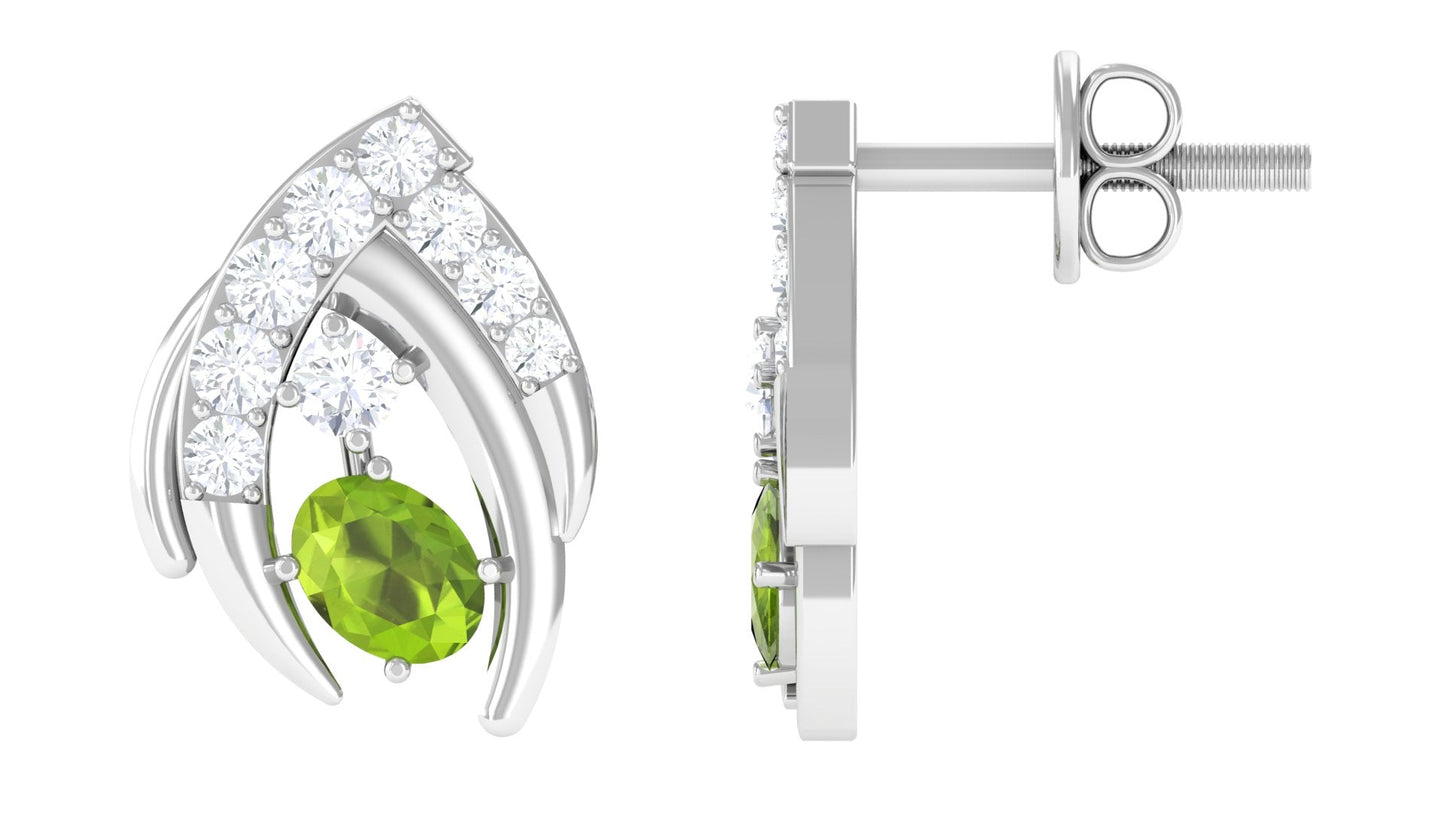 Natural Peridot Stud Earrings with Diamond for Women
