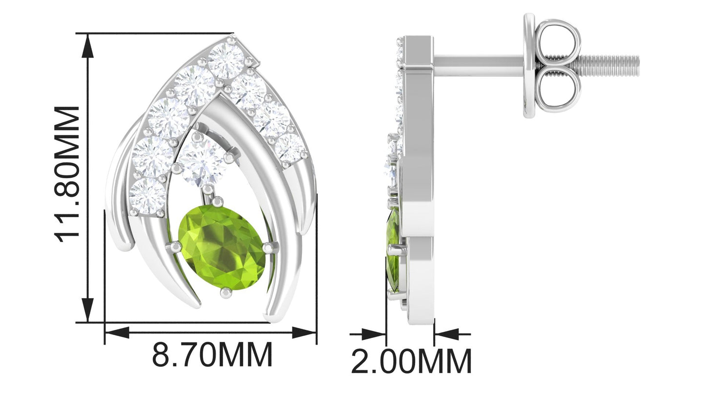 Natural Peridot Stud Earrings with Diamond for Women