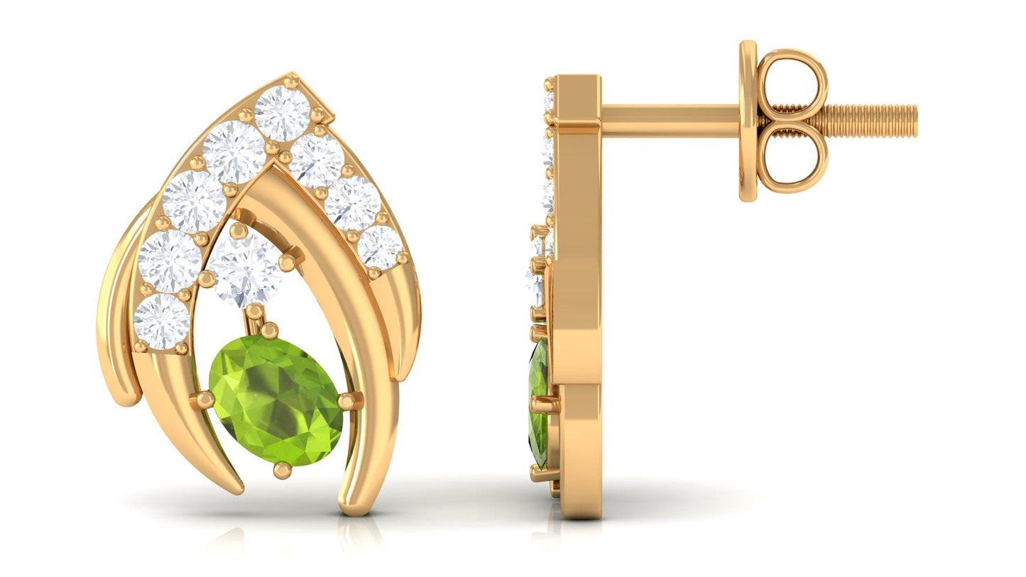 Natural Peridot Stud Earrings with Diamond for Women