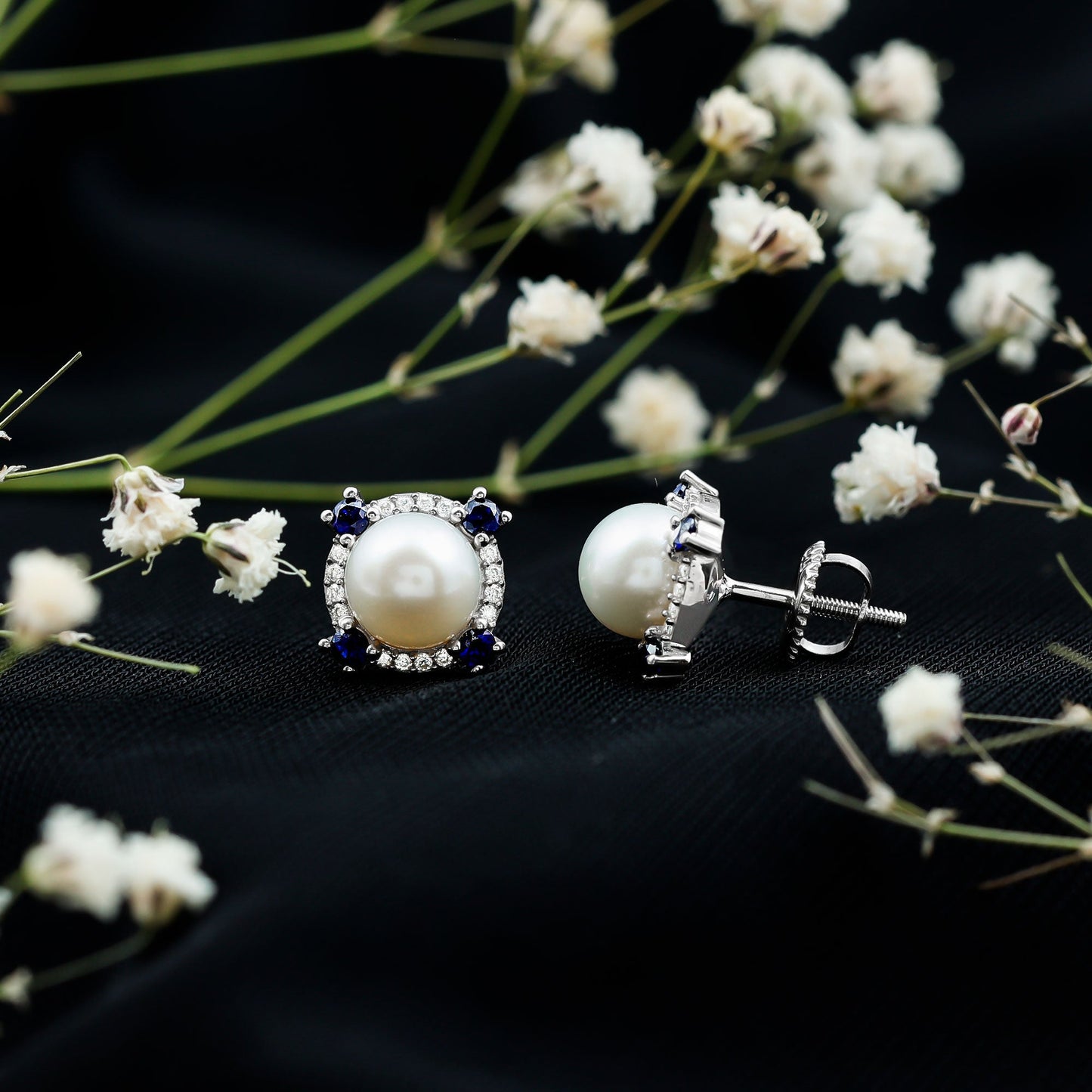 Natural Freshwater Pearl Vintage Earrings With Blue Sapphire