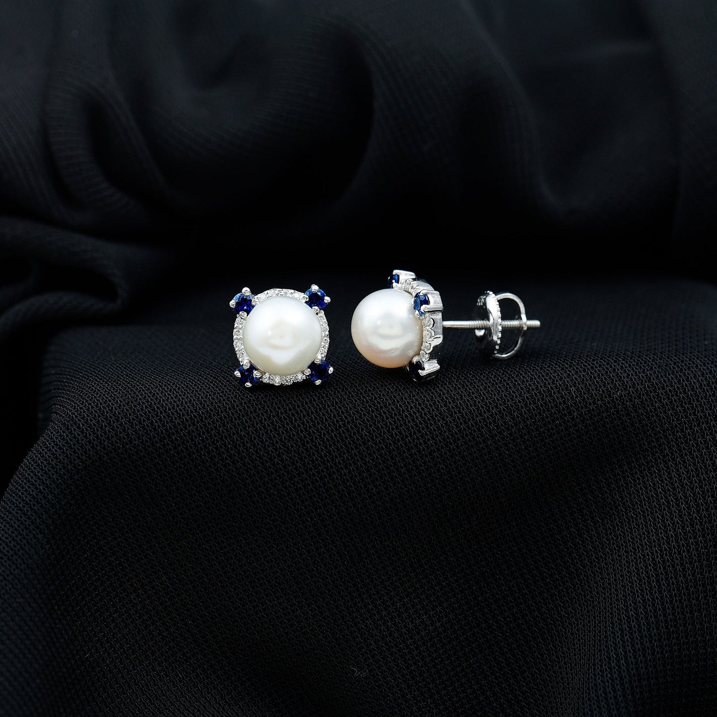 Natural Freshwater Pearl Vintage Earrings With Blue Sapphire