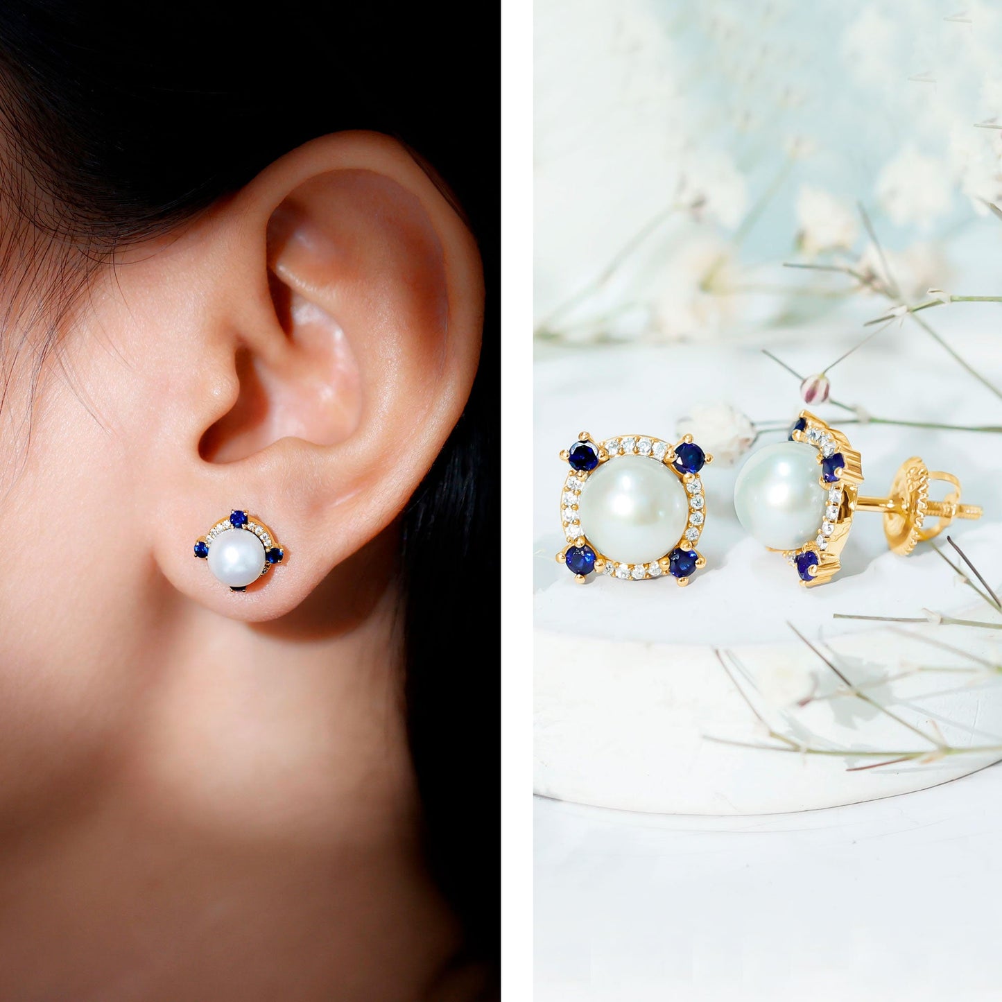 Natural Freshwater Pearl Vintage Earrings With Blue Sapphire