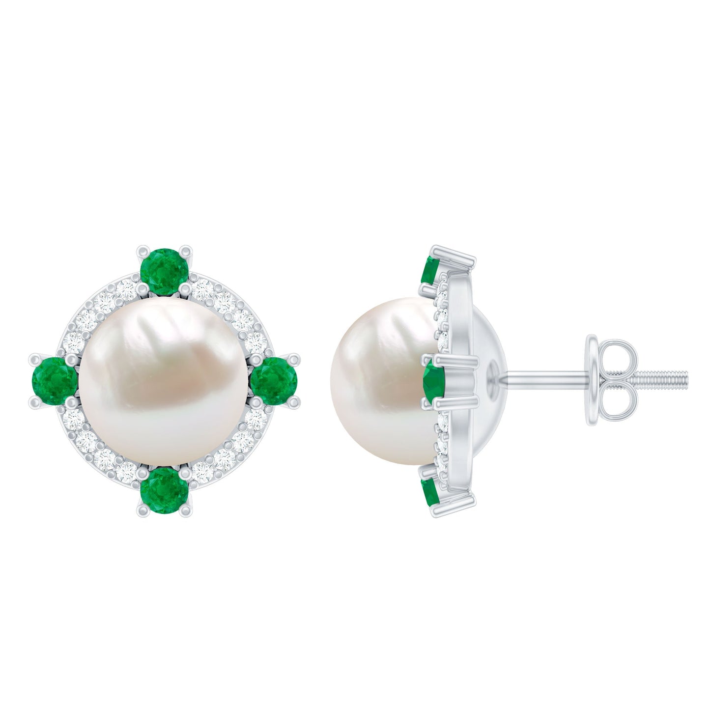 6 Carat Freshwater Pearl Bridal Stud Earrings with Emerald