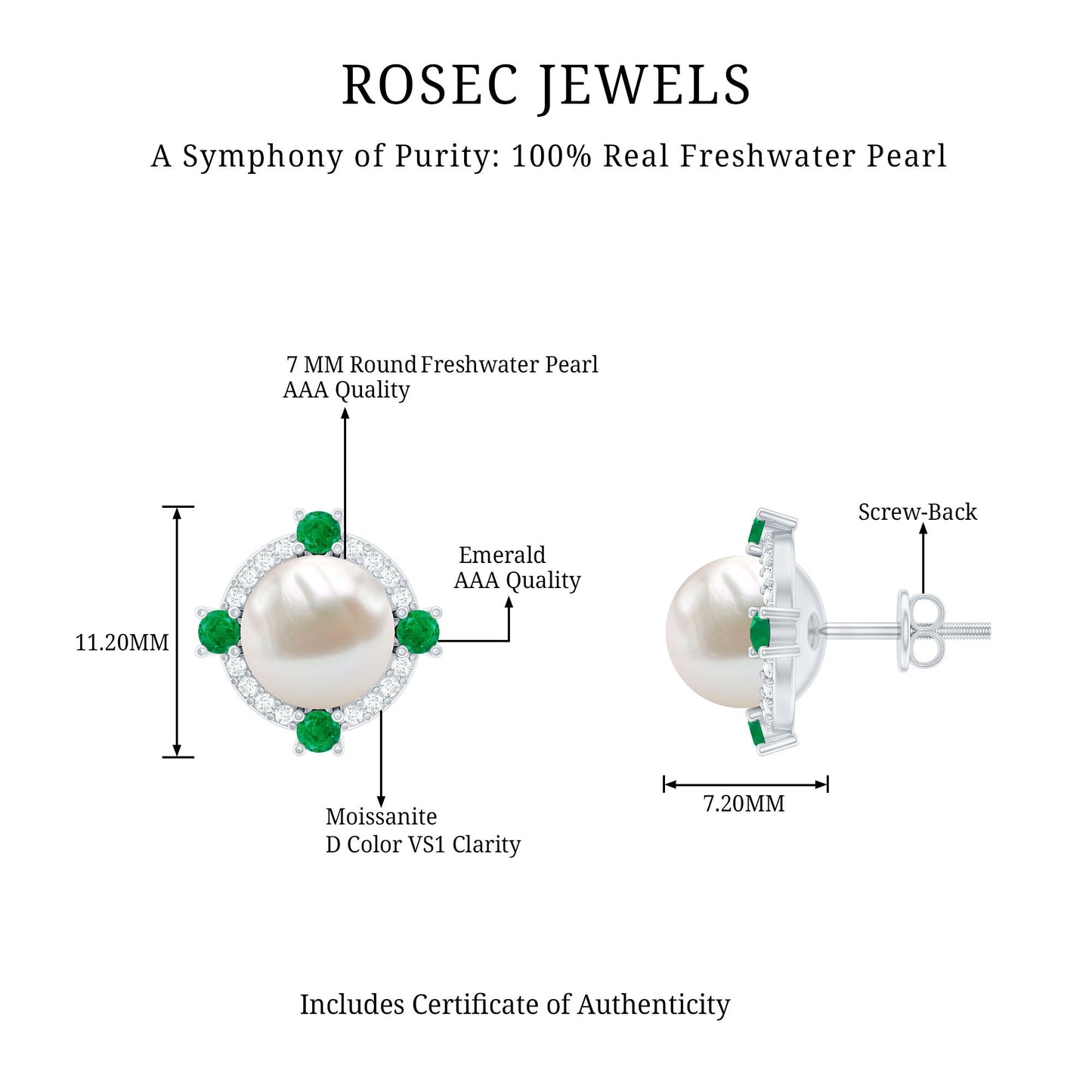 6 Carat Freshwater Pearl Bridal Stud Earrings with Emerald