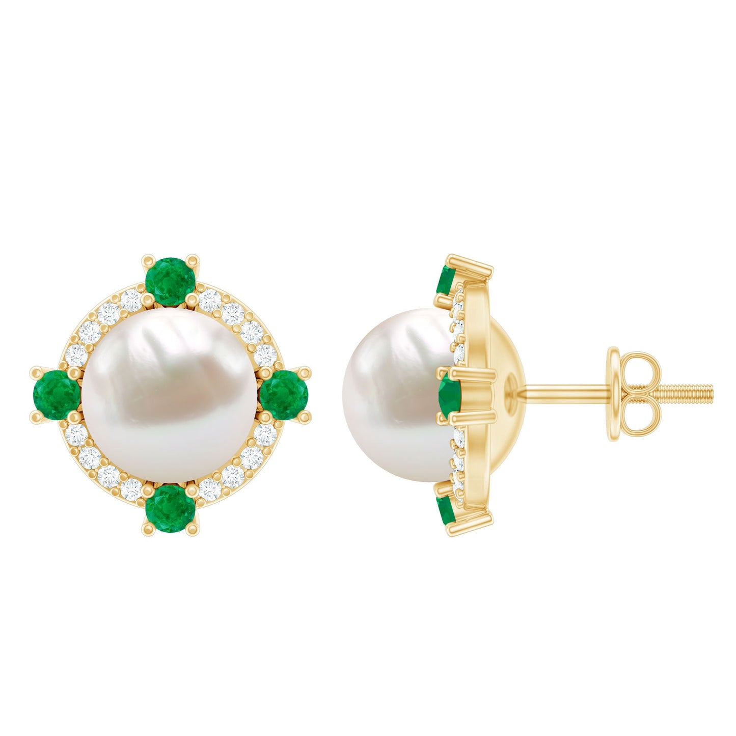 6 Carat Freshwater Pearl Bridal Stud Earrings with Emerald