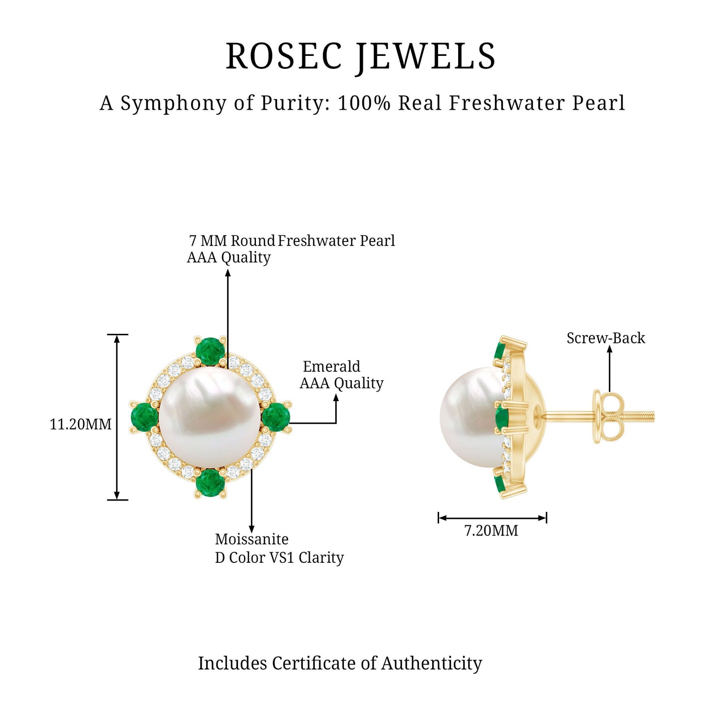 6 Carat Freshwater Pearl Bridal Stud Earrings with Emerald
