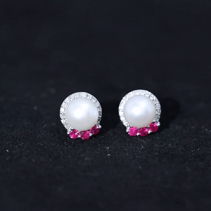 6 Carat Freshwater Pearl Stud Earrings with Ruby and Diamond Halo