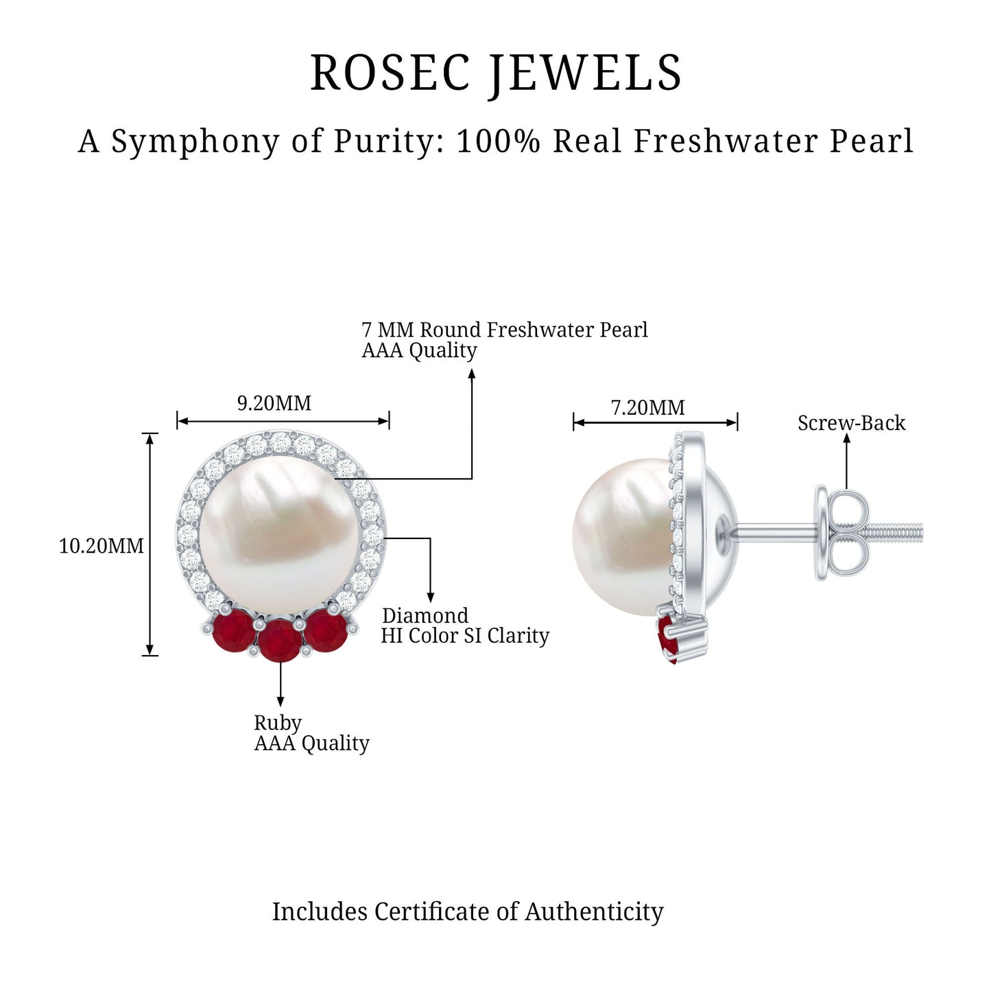 6 Carat Freshwater Pearl Stud Earrings with Ruby and Diamond Halo