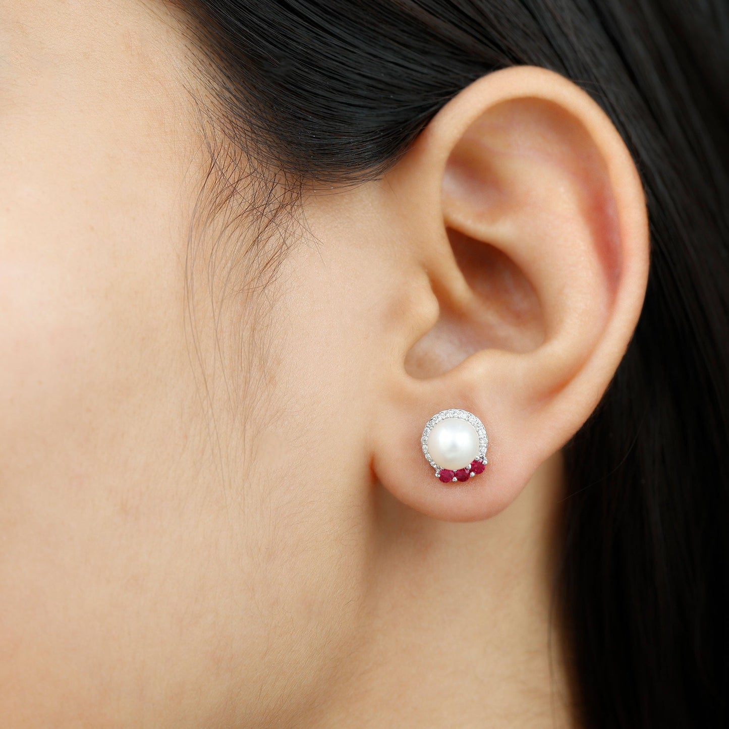 6 Carat Freshwater Pearl Stud Earrings with Ruby and Diamond Halo