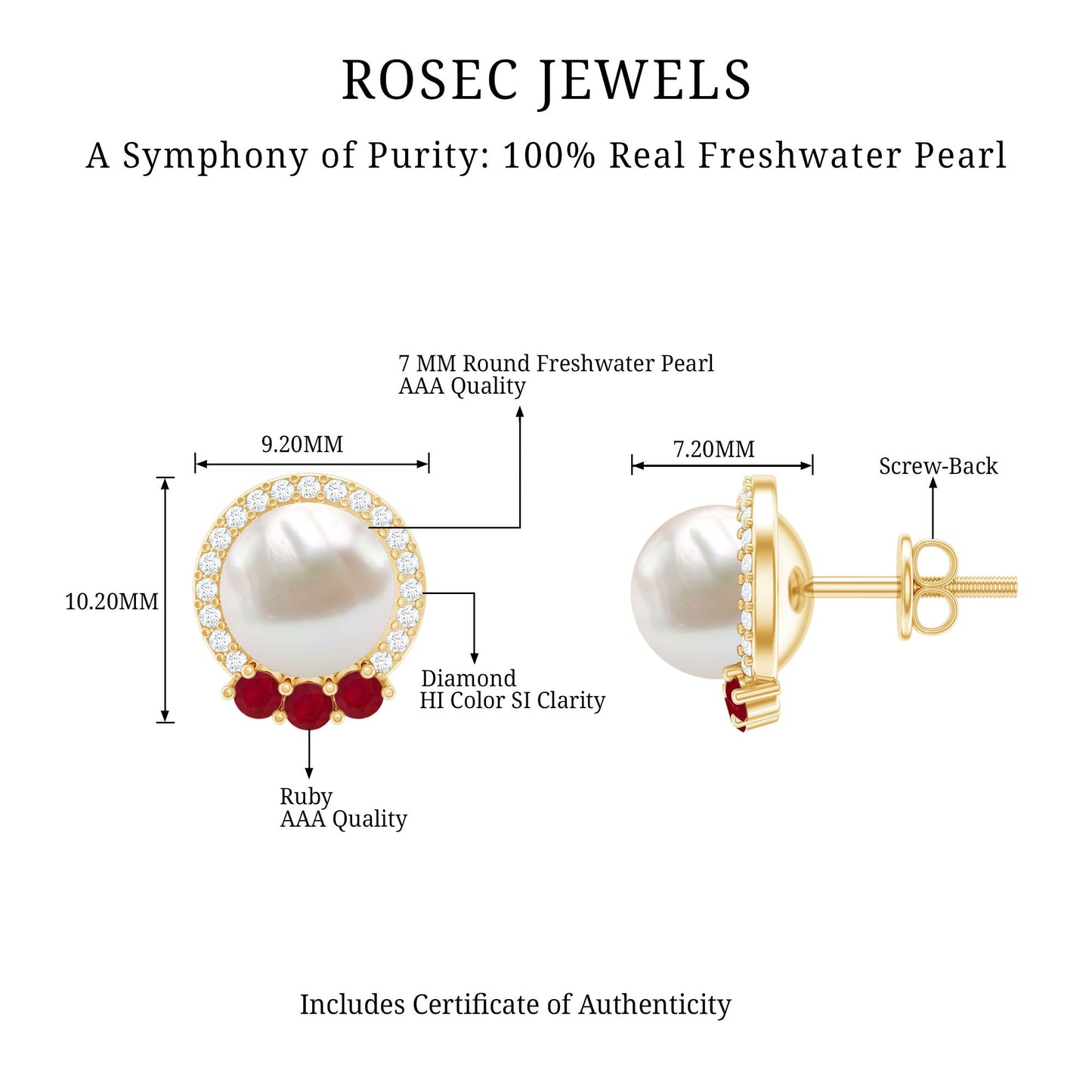 6 Carat Freshwater Pearl Stud Earrings with Ruby and Diamond Halo