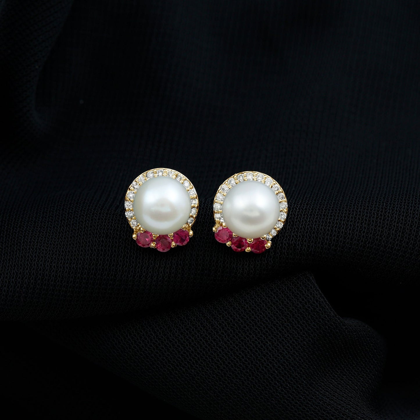 6 Carat Freshwater Pearl Stud Earrings with Ruby and Diamond Halo