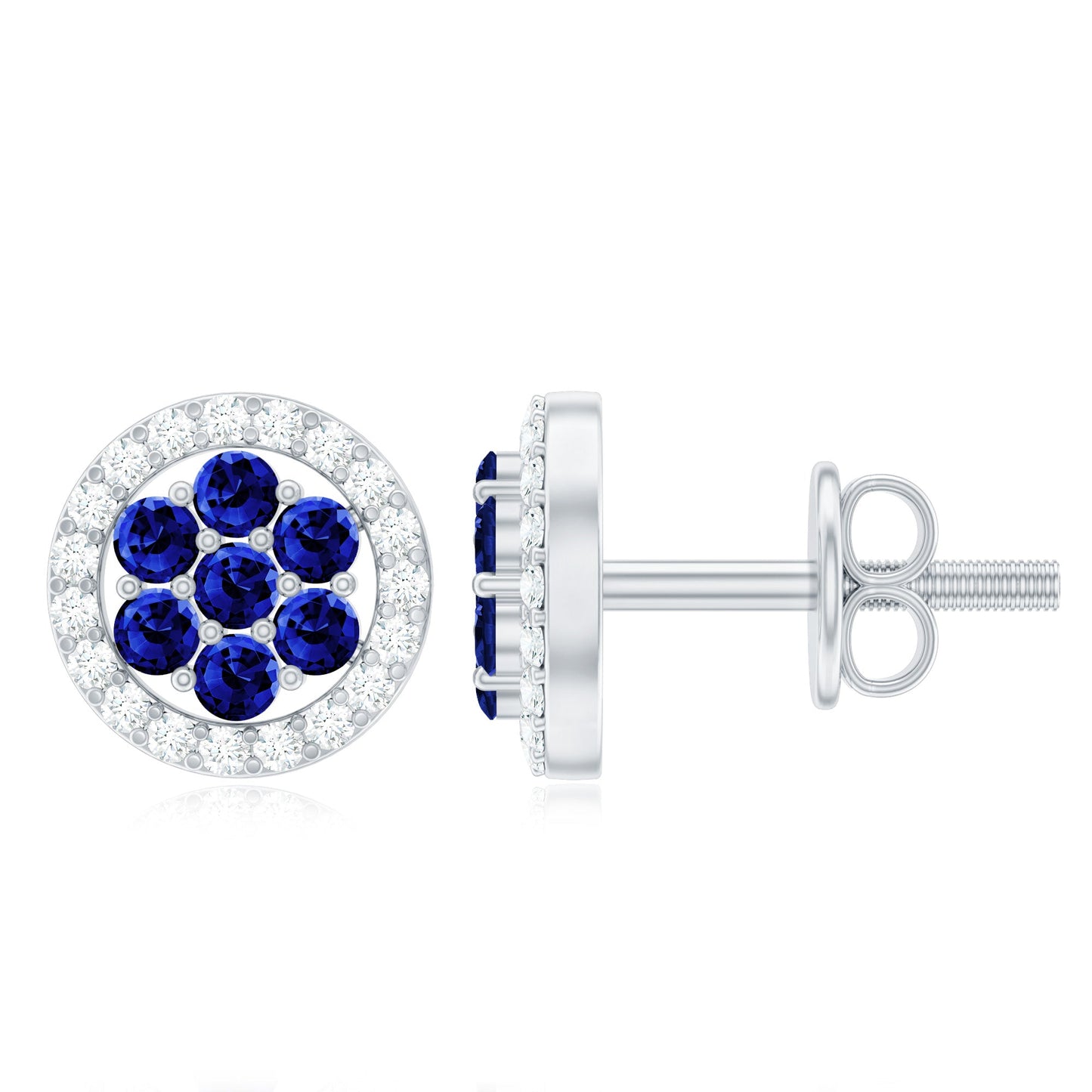 Lab Created Blue Sapphire Flower Earrings with Diamond Halo