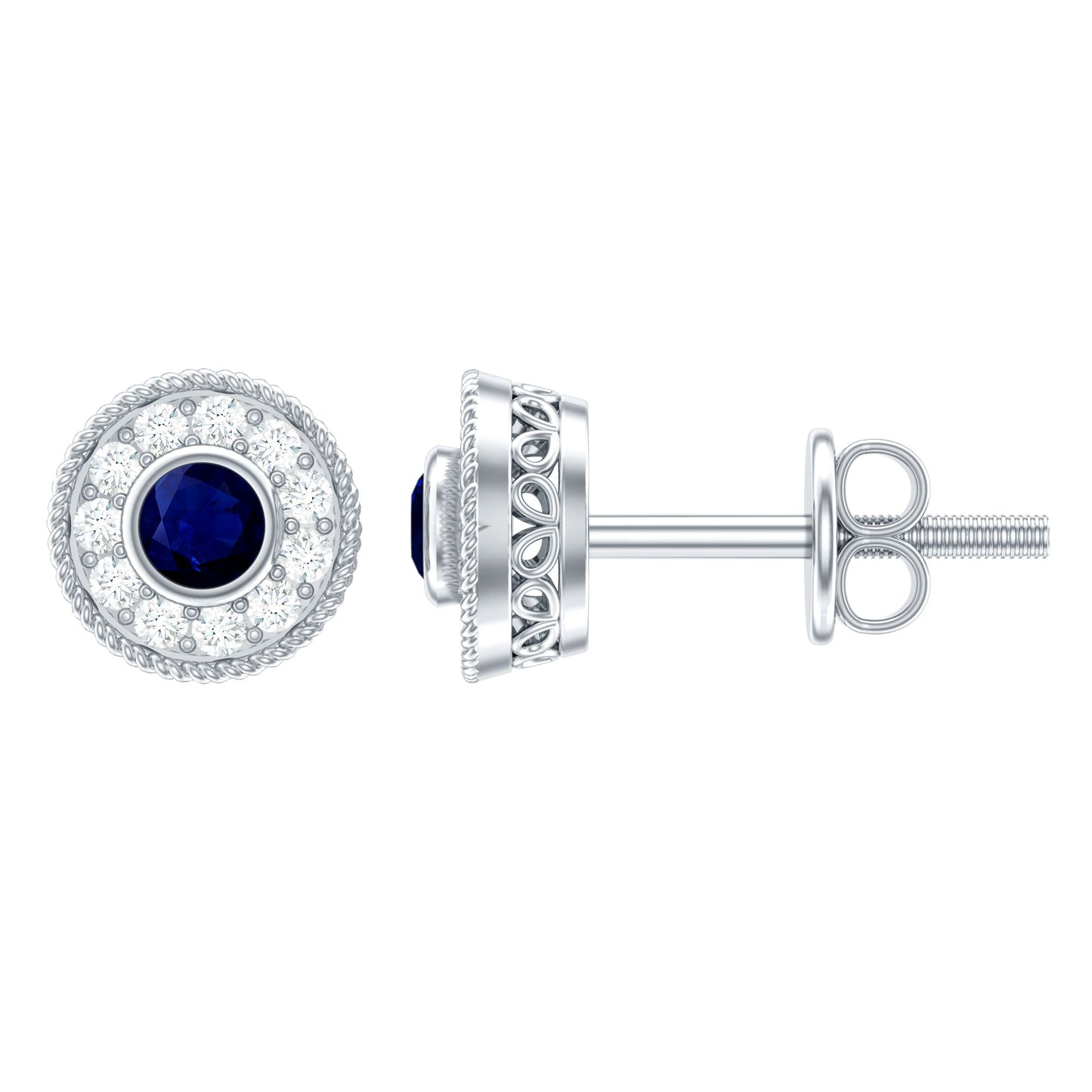 Antique Blue Sapphire and Diamond Halo Stud Earrings