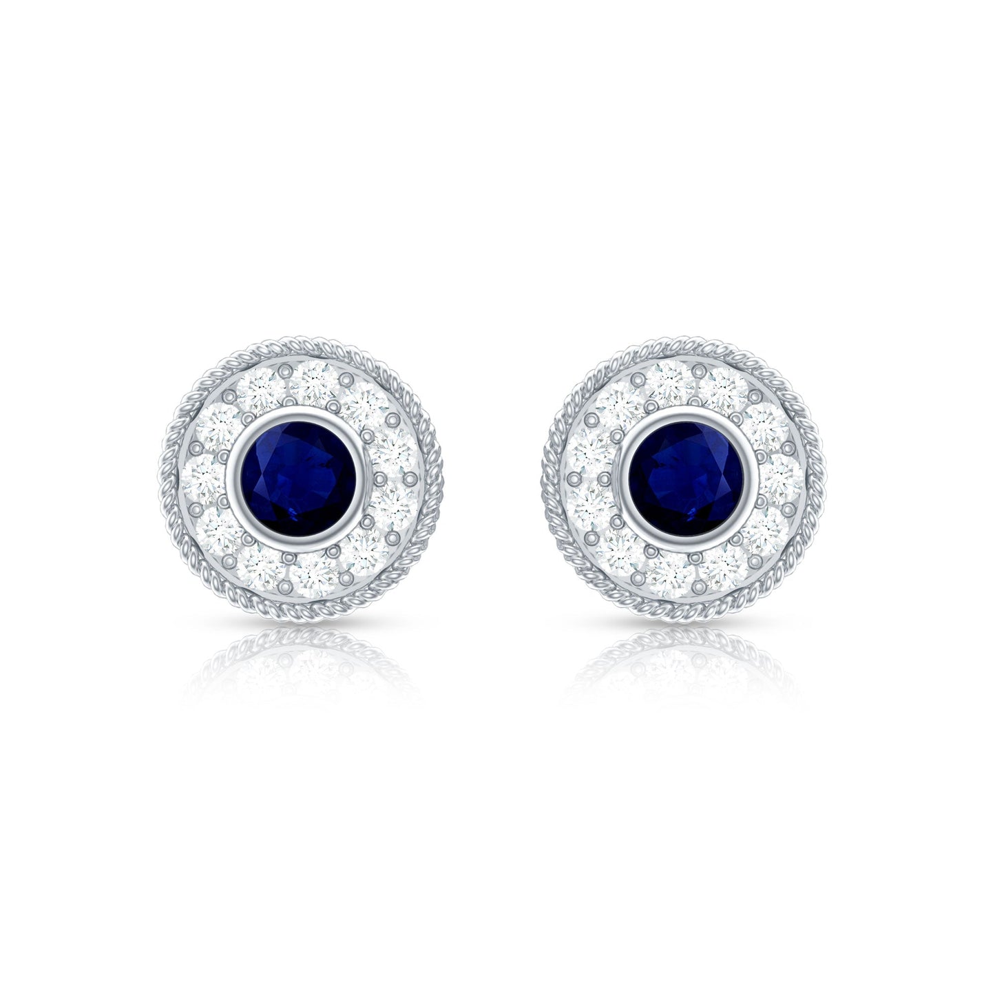 Antique Blue Sapphire and Diamond Halo Stud Earrings