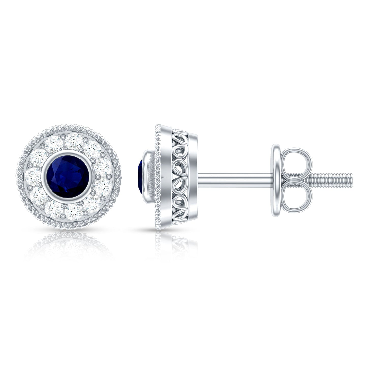Antique Blue Sapphire and Diamond Halo Stud Earrings