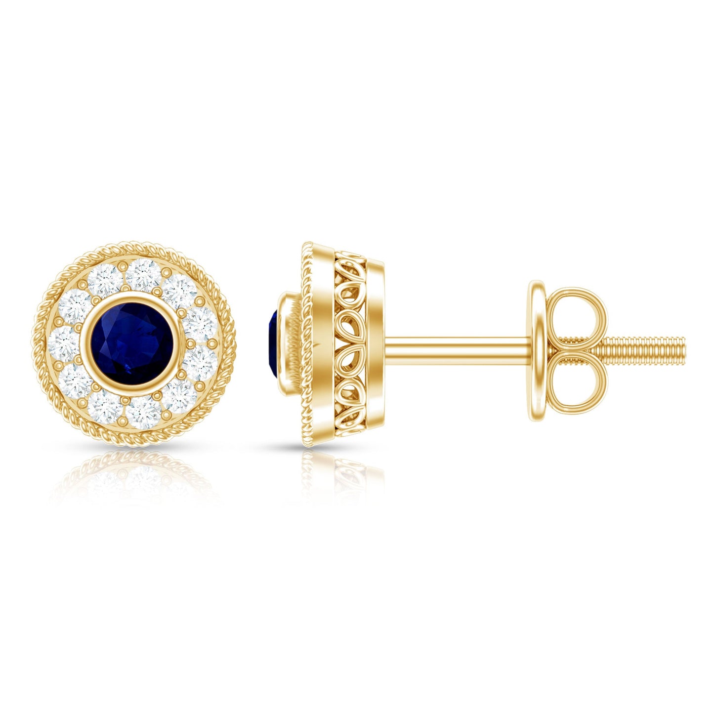 Antique Blue Sapphire and Diamond Halo Stud Earrings