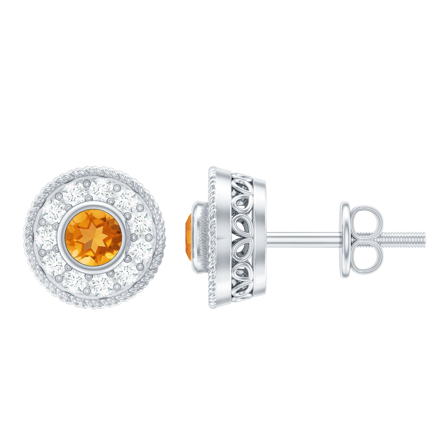 Round Citrine Halo Stud Earrings with Diamonds
