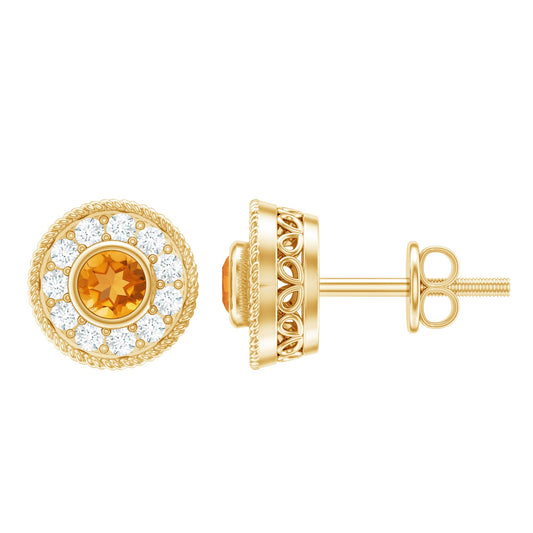 Round Citrine Halo Stud Earrings with Diamonds