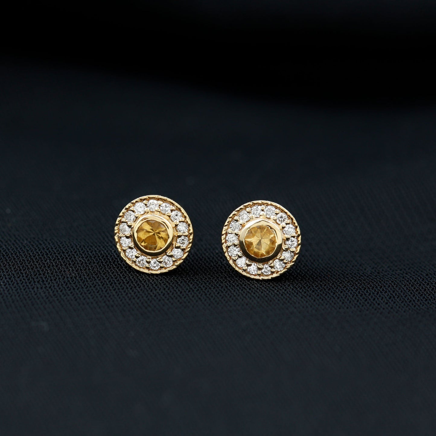 Round Citrine Halo Stud Earrings with Diamonds