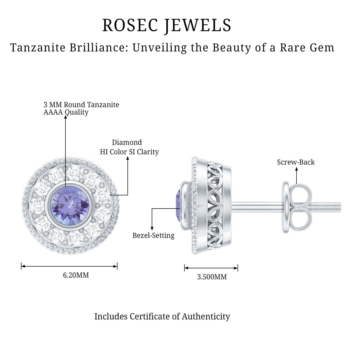 Antique Style Tanzanite and Diamond Halo Stud Earrings