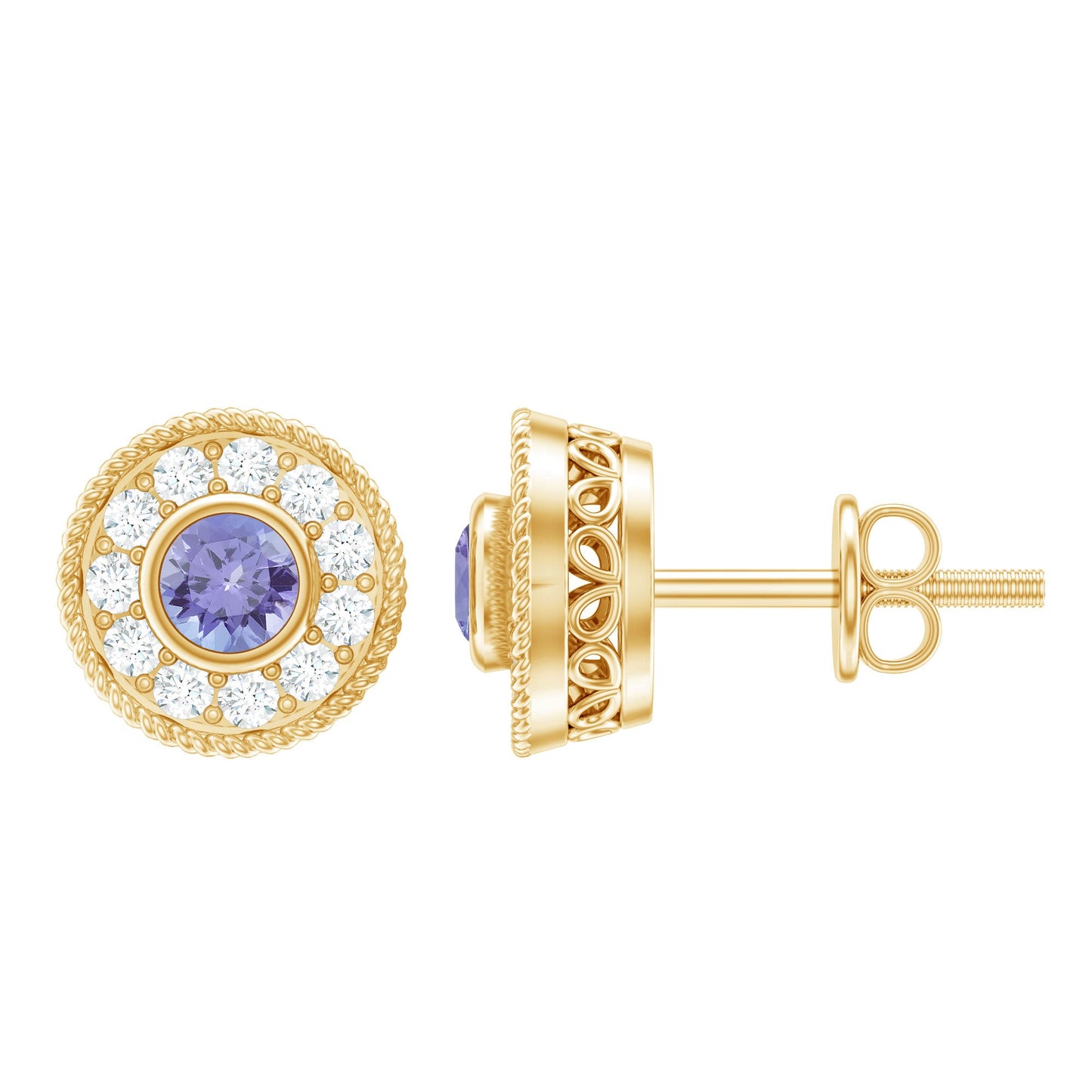 Antique Style Tanzanite and Diamond Halo Stud Earrings