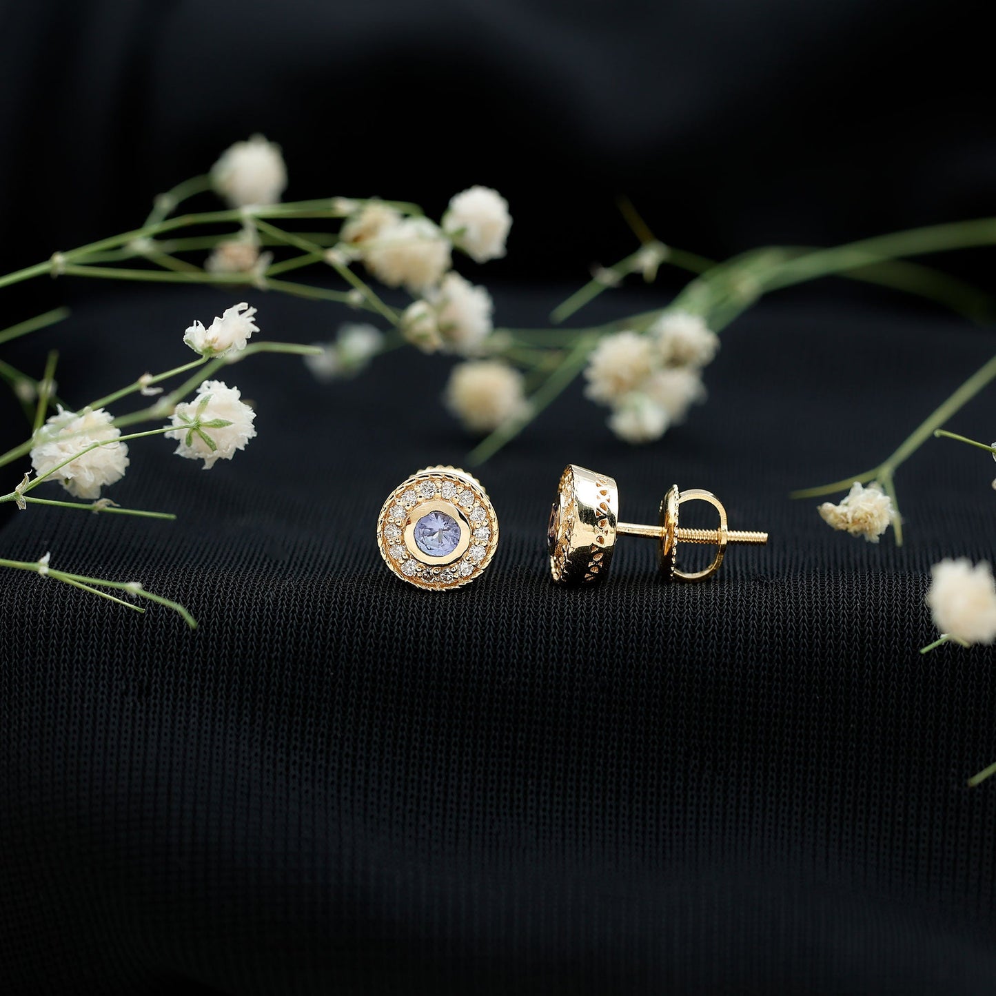 Antique Style Tanzanite and Diamond Halo Stud Earrings