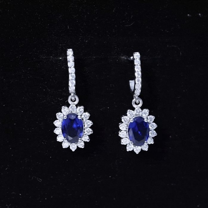 Certified Oval Lab Grown Blue Sapphire Hoop Drop Earrings with Moissanite
