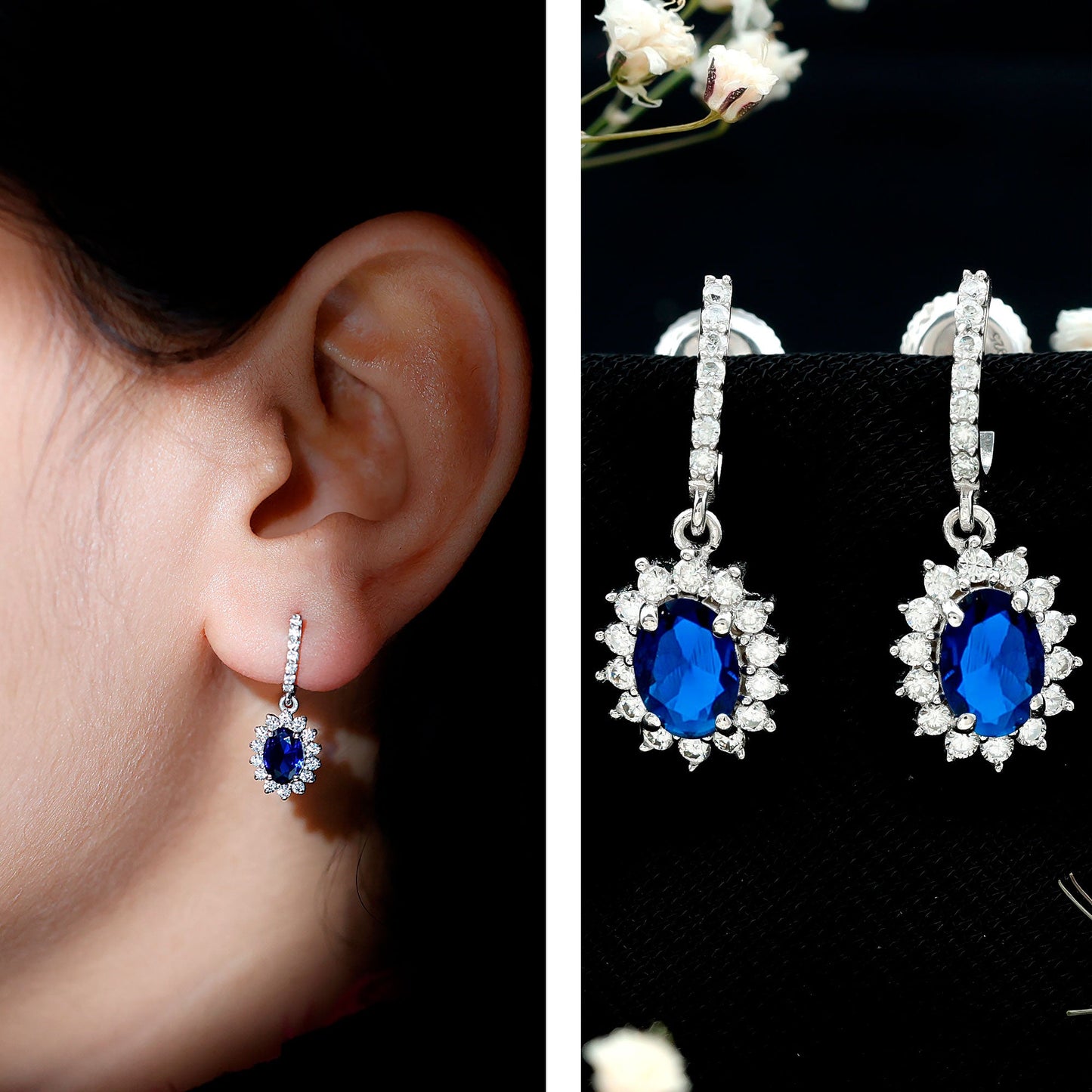 Certified Oval Lab Grown Blue Sapphire Hoop Drop Earrings with Moissanite
