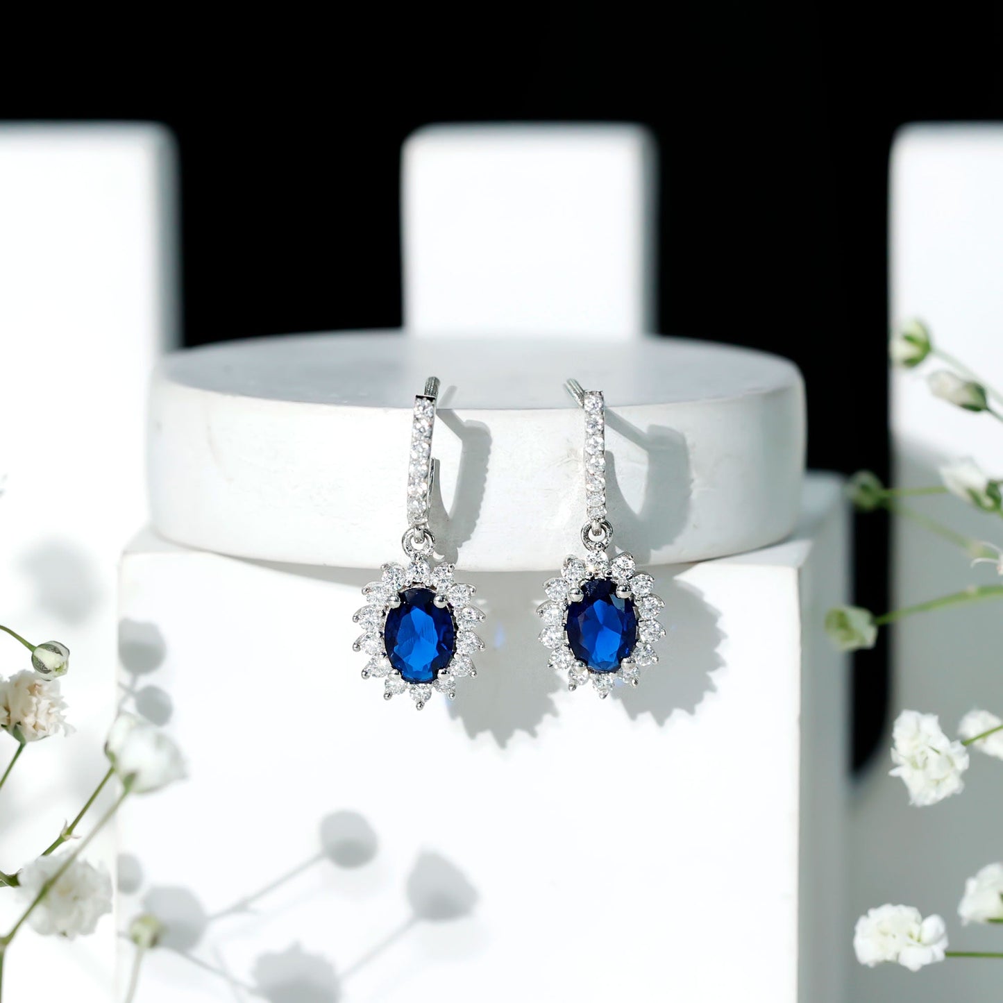 Certified Oval Lab Grown Blue Sapphire Hoop Drop Earrings with Moissanite