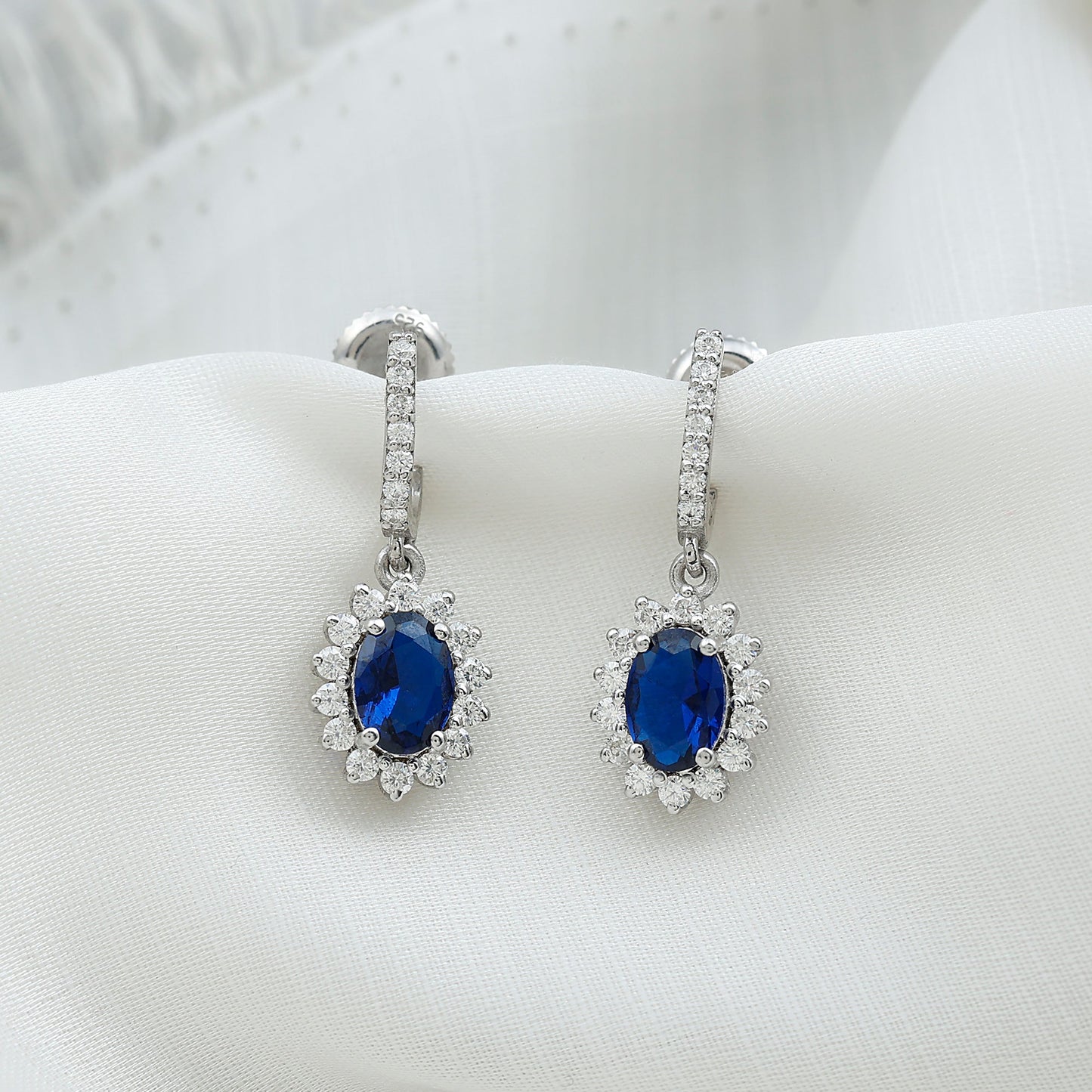 Certified Oval Lab Grown Blue Sapphire Hoop Drop Earrings with Moissanite