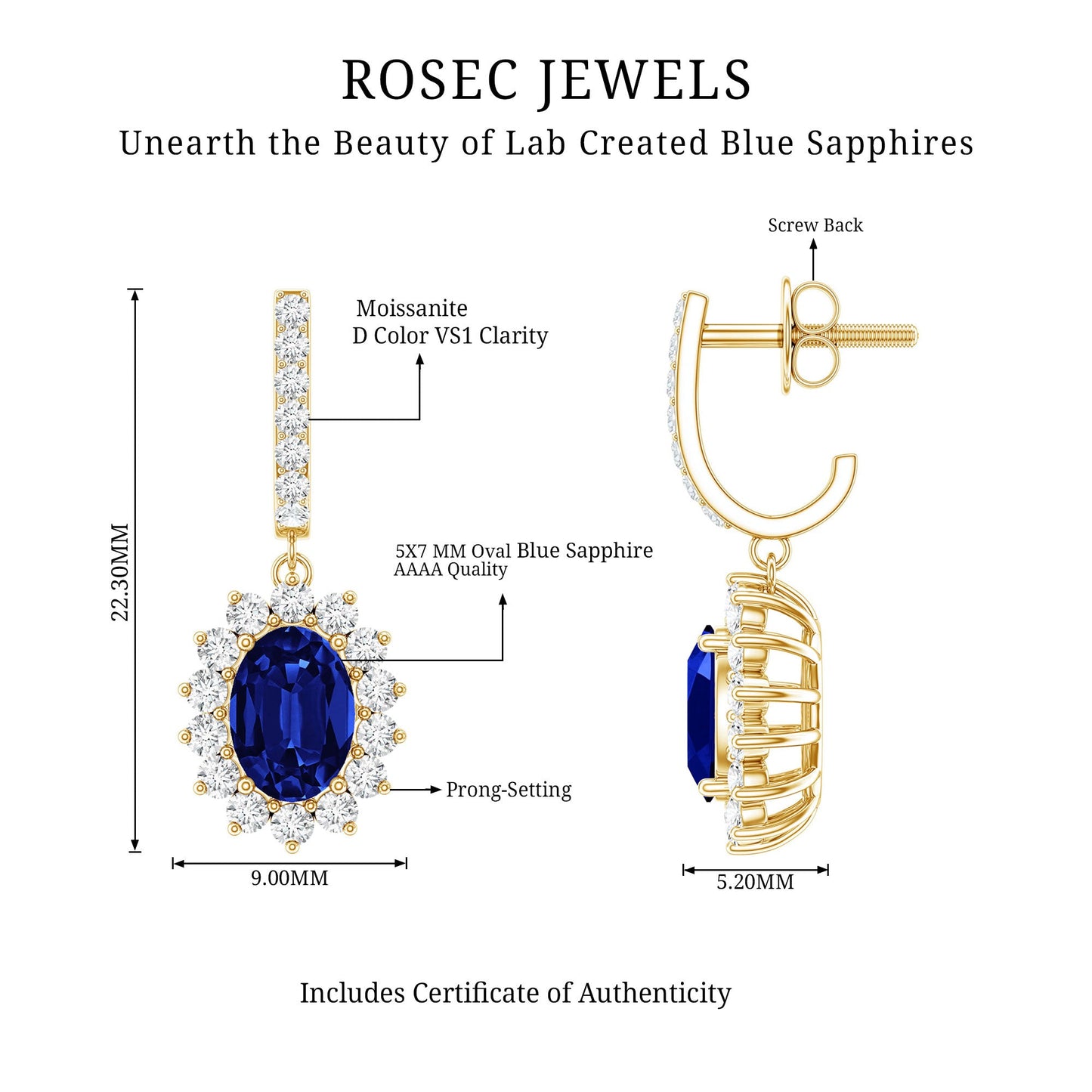 Certified Oval Lab Grown Blue Sapphire Hoop Drop Earrings with Moissanite