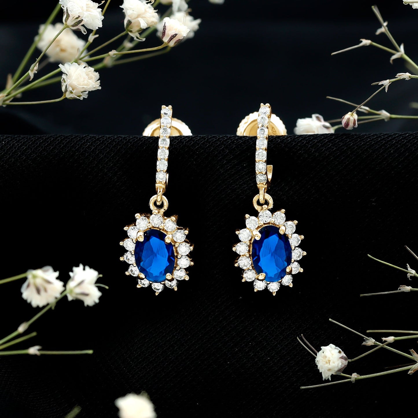 Certified Oval Lab Grown Blue Sapphire Hoop Drop Earrings with Moissanite