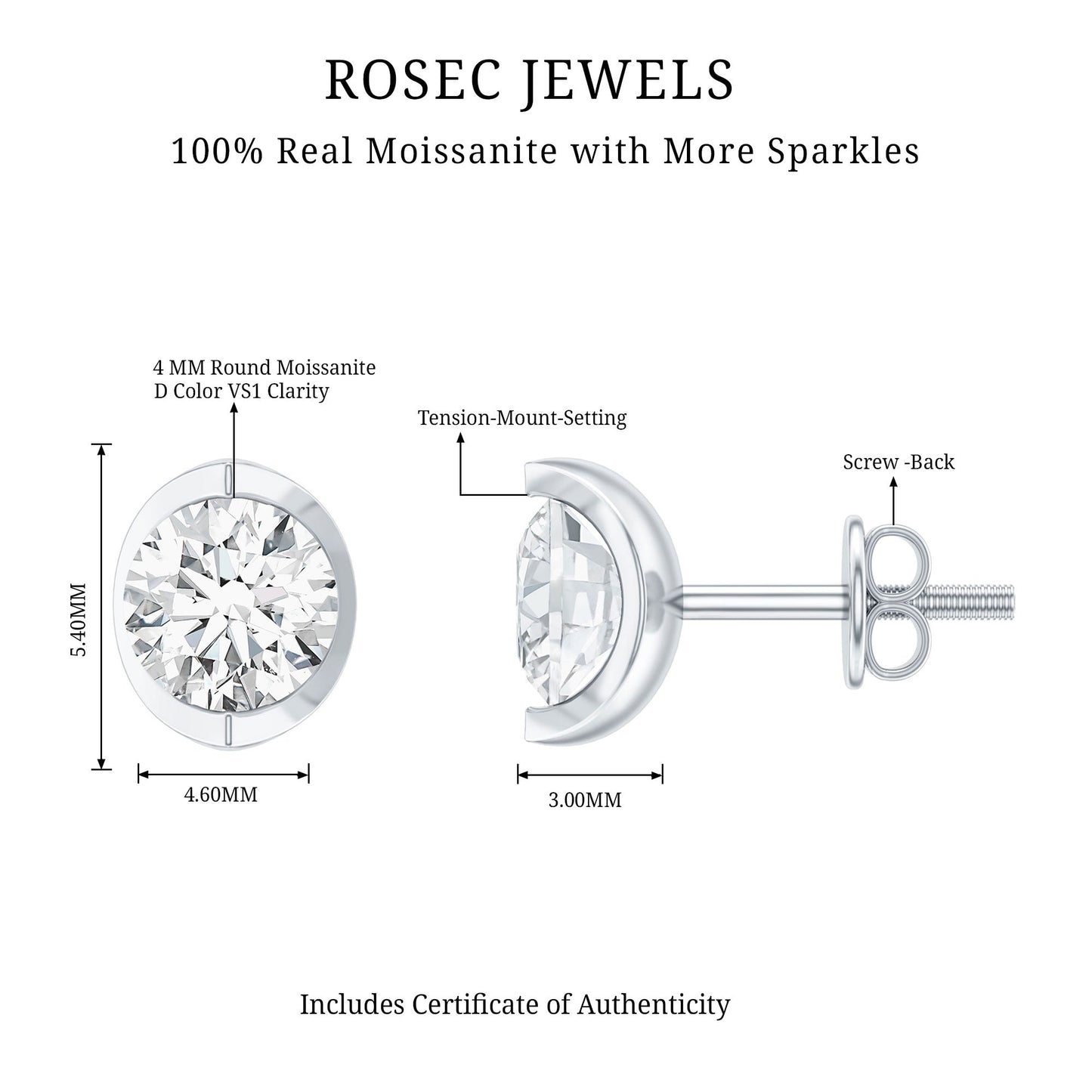 Minimalist 0.63 Carat Round Moissanite Solitaire Stud Earrings