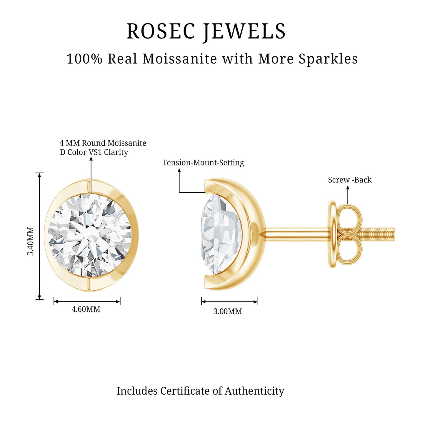 Minimalist 0.63 Carat Round Moissanite Solitaire Stud Earrings