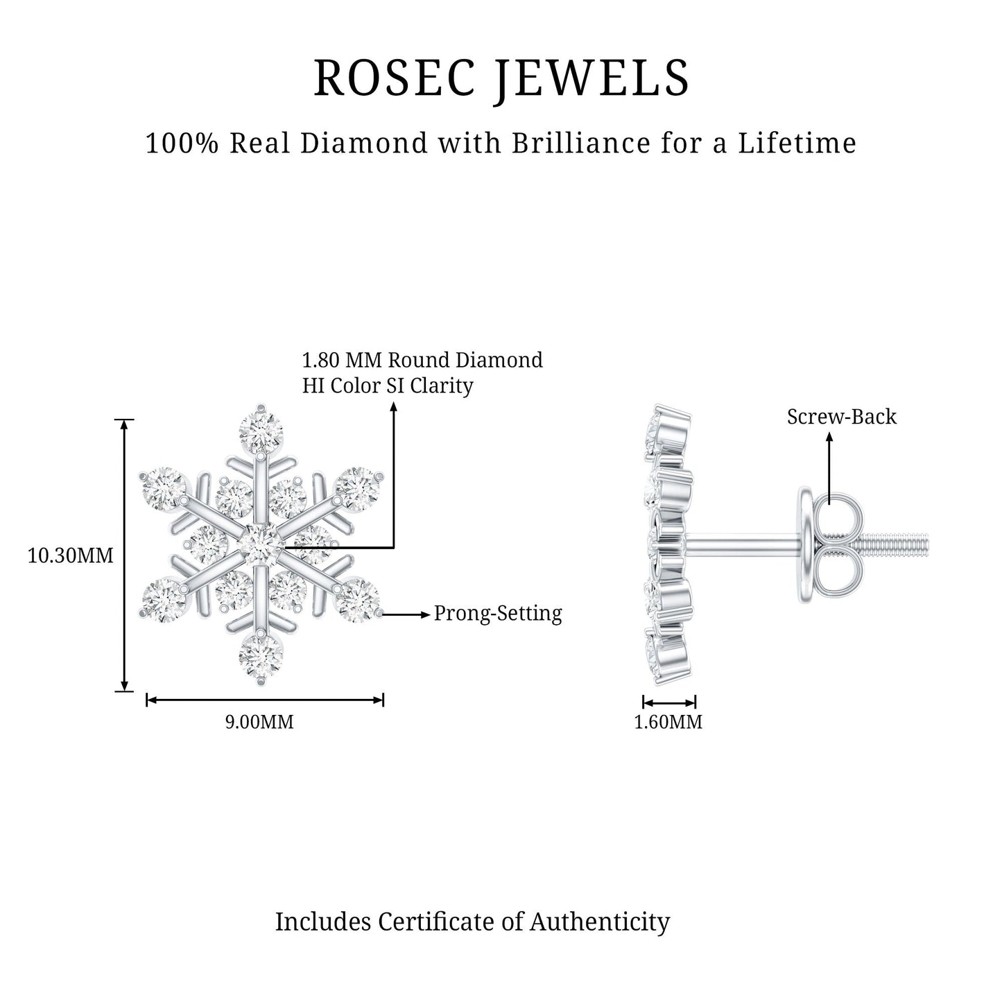 Certified Diamond Snowflake Stud Earrings with Screw Back
