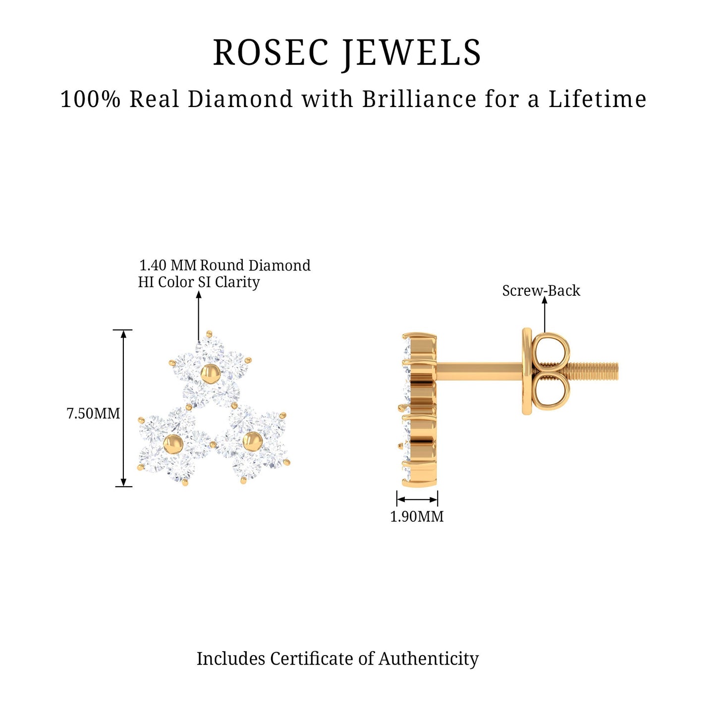 Round Cut Genuine Diamond Cluster Flower Stud Earrings