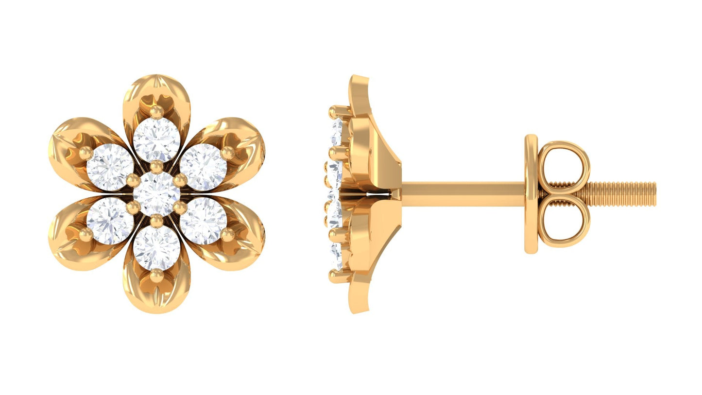 Brilliant Cut Diamond Flower Stud Earrings with Screw Back