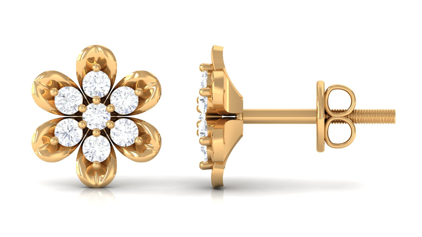 Brilliant Cut Diamond Flower Stud Earrings with Screw Back