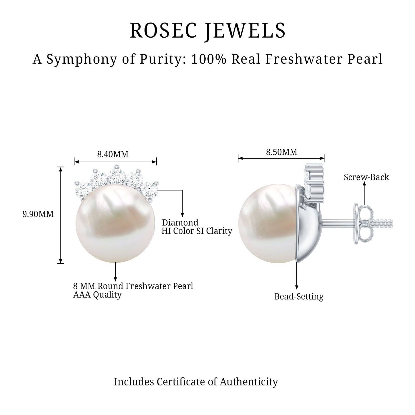 Real Freshwater White Pearl Stud Earrings with Diamonds