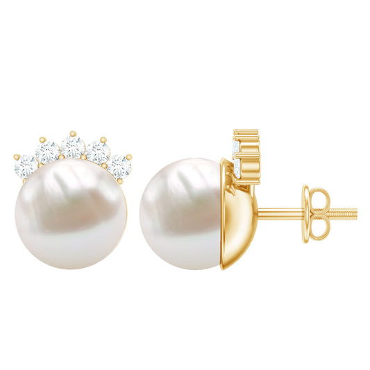 Real Freshwater White Pearl Stud Earrings with Diamonds
