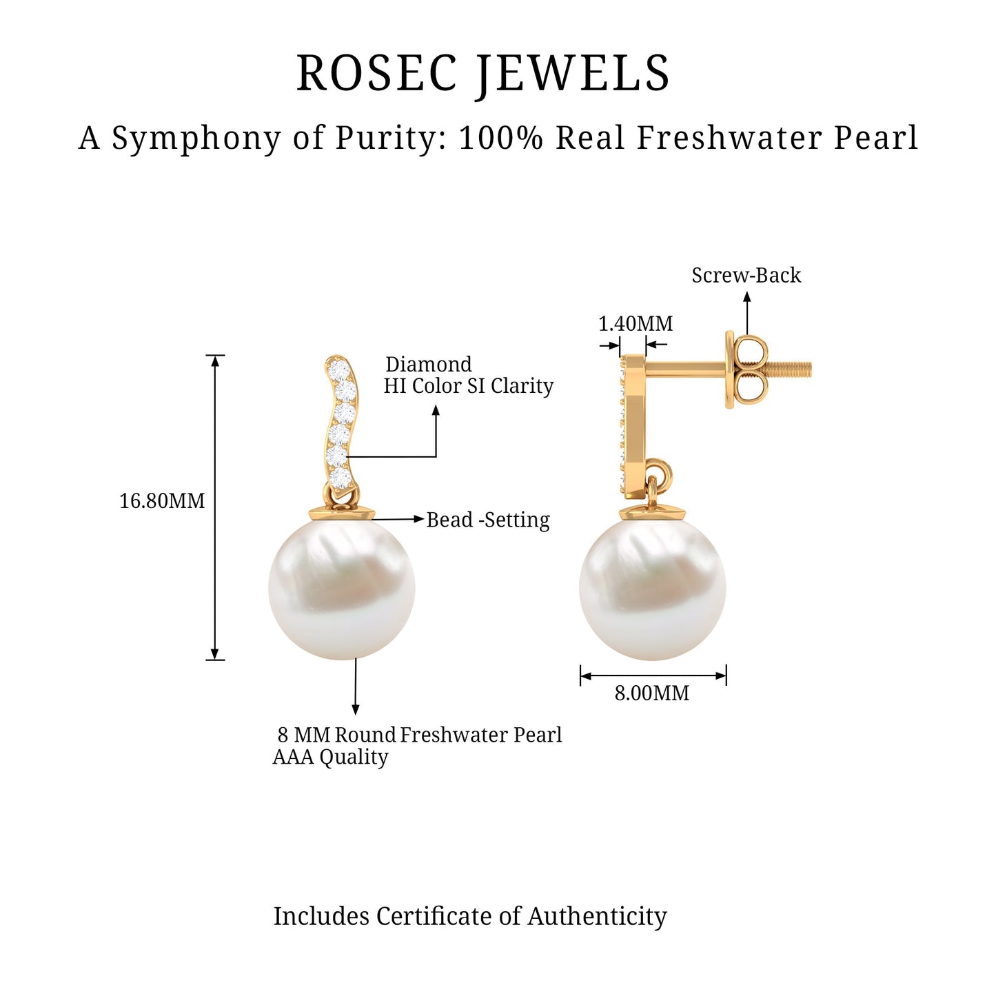14 Carat Freshwater Pearl Drop Earrings with Diamond