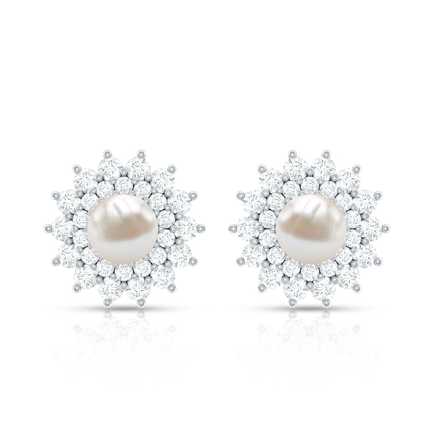 Freshwater Pearl Flower Statement Earrings with Diamond Halo