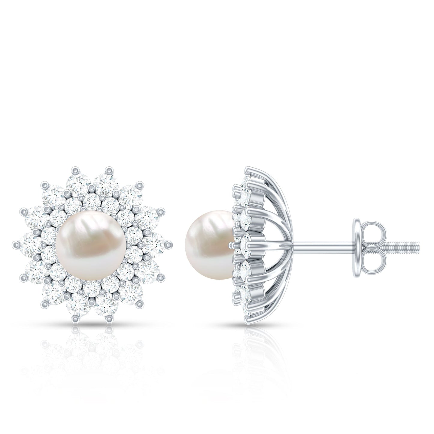 Freshwater Pearl Flower Statement Earrings with Diamond Halo