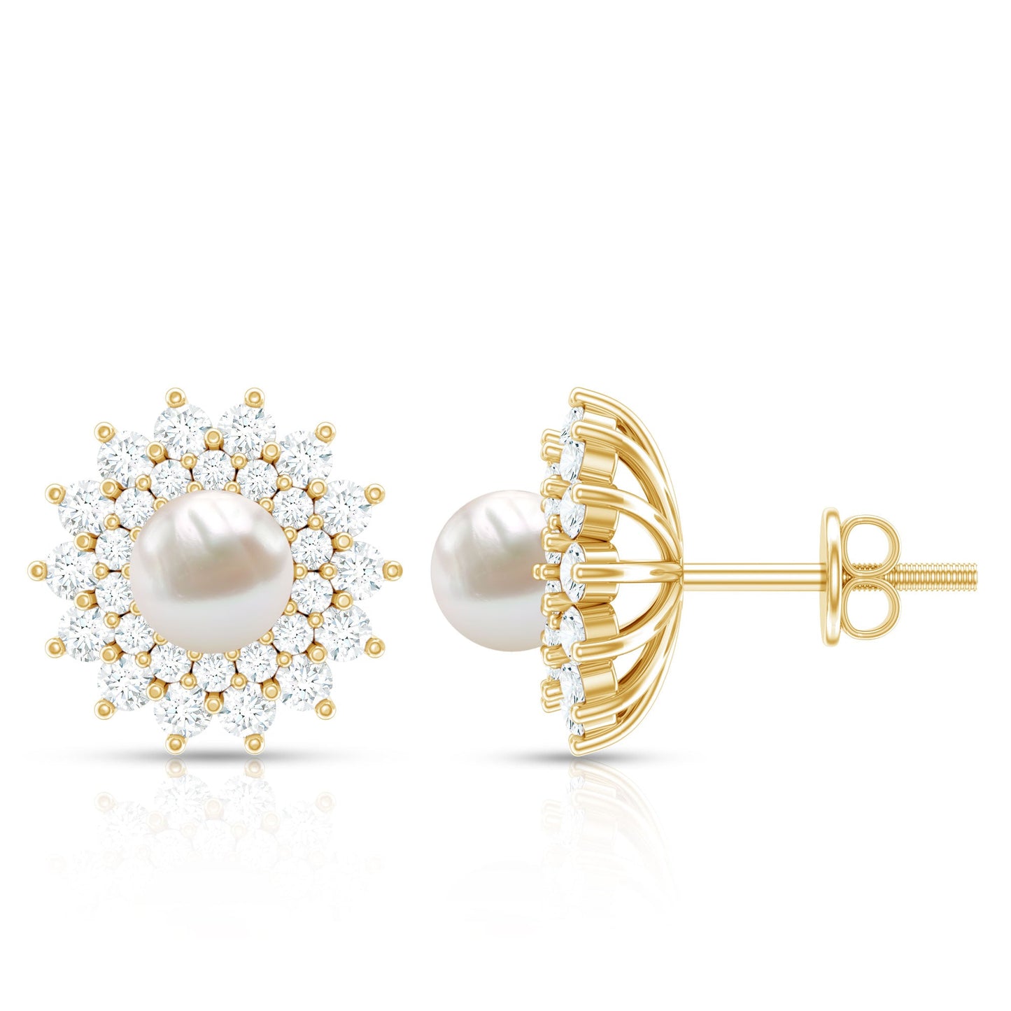 Freshwater Pearl Flower Statement Earrings with Diamond Halo