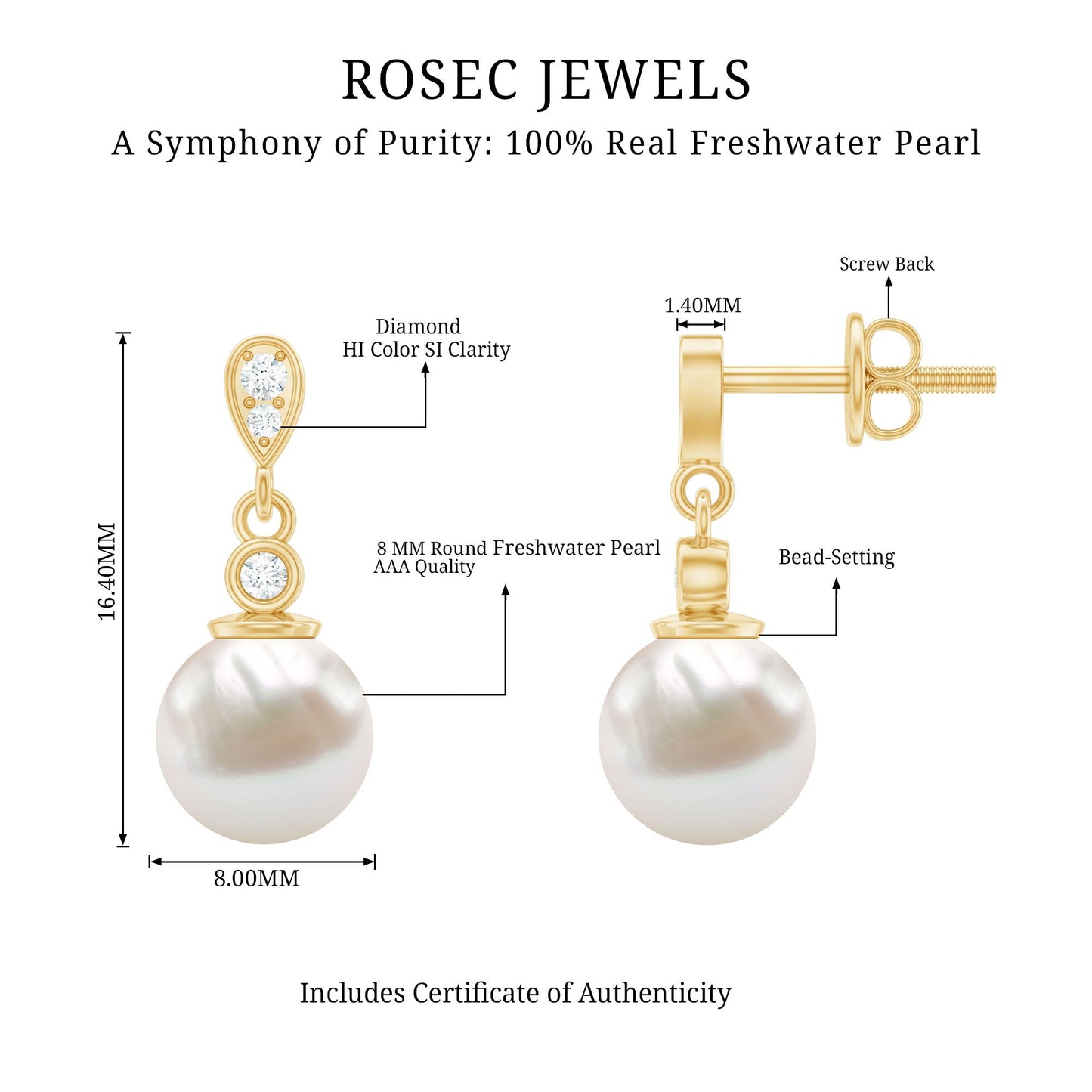 Natural Freshwater Pearl Drop Earrings with Diamond