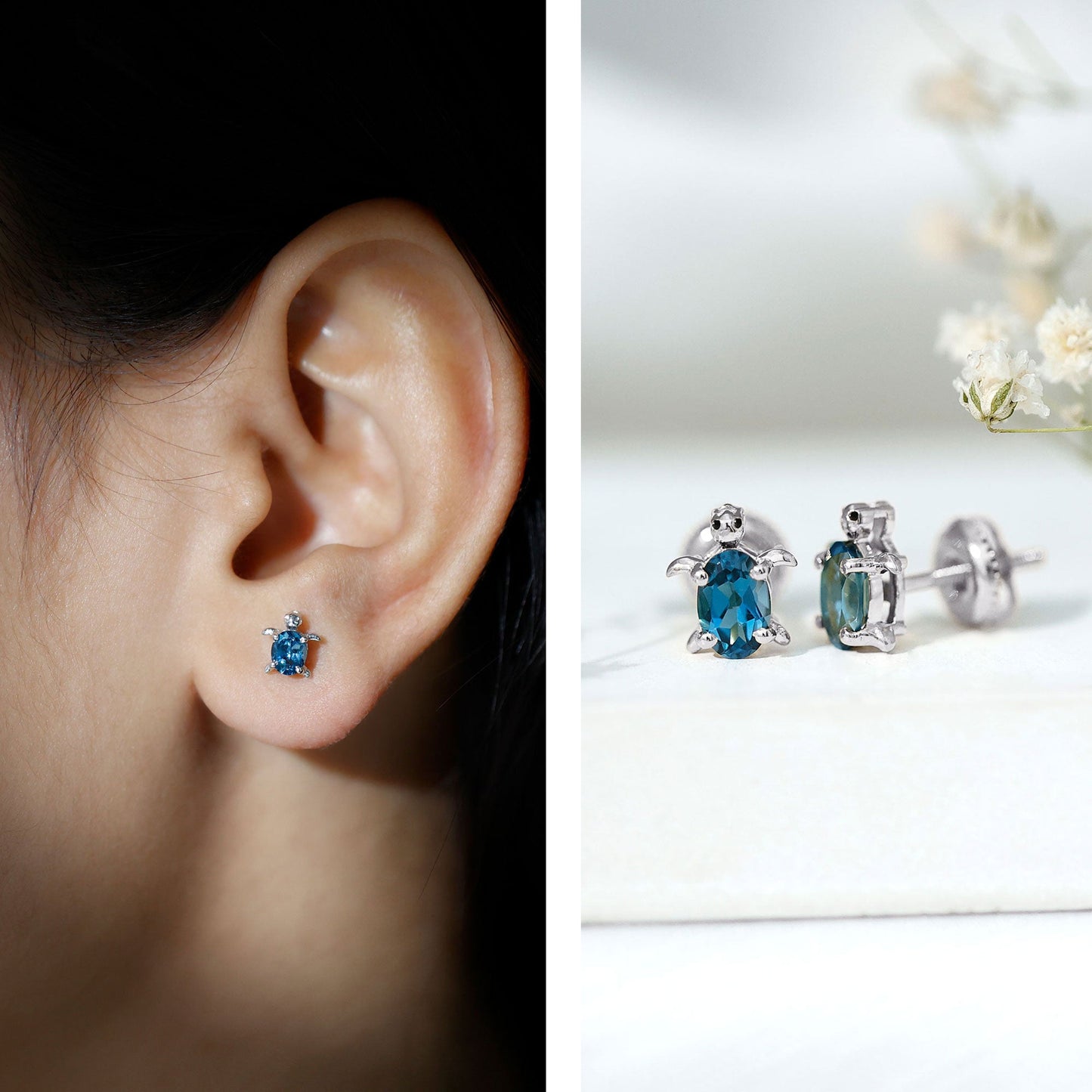 Genuine London Blue Topaz Tortoise Stud Earrings